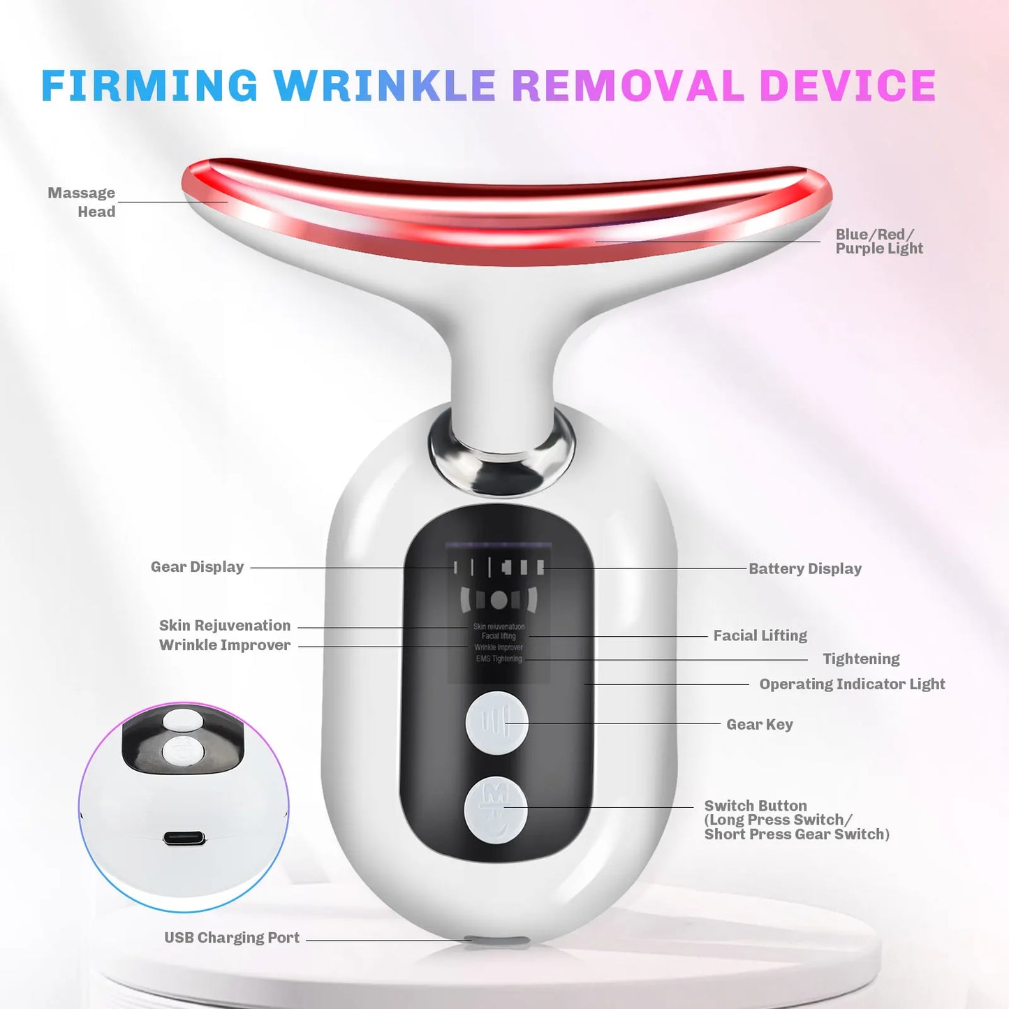 3 Color Neck Beauty Device EMS Face Lifting Massager Double Chin Remover LED Photon anti Wrinkle Skin Tightening Facial Massager